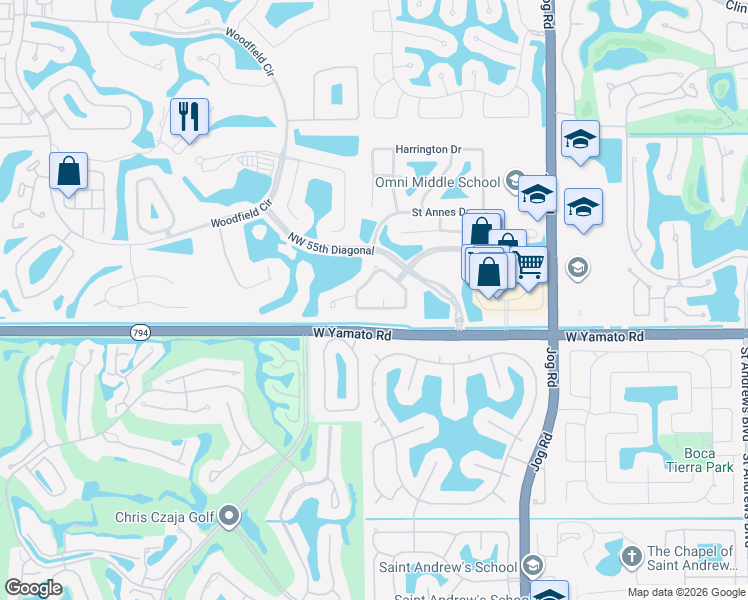 map of restaurants, bars, coffee shops, grocery stores, and more near 3347 Northwest 53rd Circle in Boca Raton