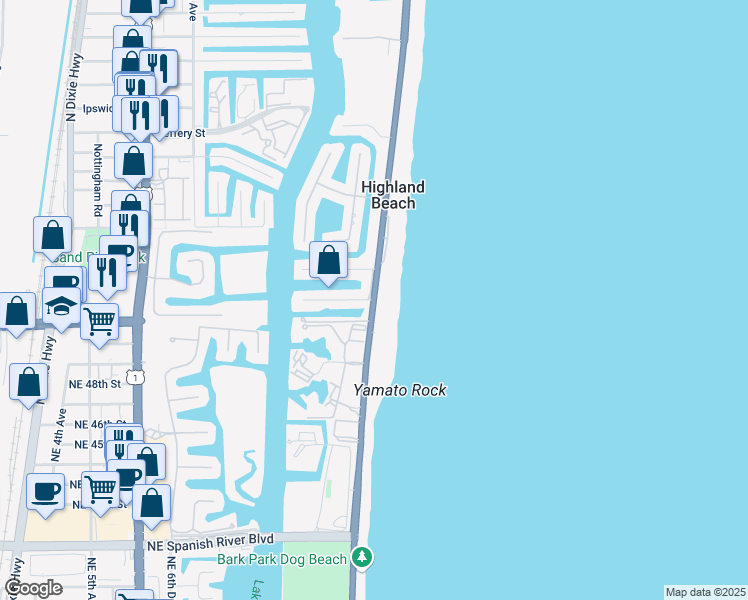 map of restaurants, bars, coffee shops, grocery stores, and more near 1130 Russell Drive in Highland Beach