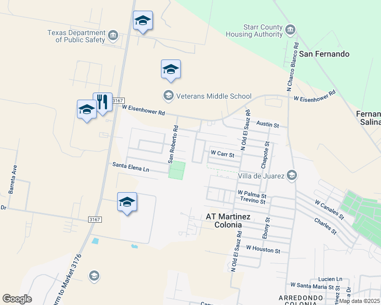 map of restaurants, bars, coffee shops, grocery stores, and more near 154 Gardenia Circle in Rio Grande City