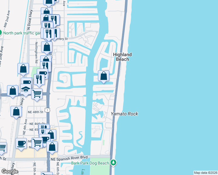 map of restaurants, bars, coffee shops, grocery stores, and more near 1130 Russell Drive in Highland Beach