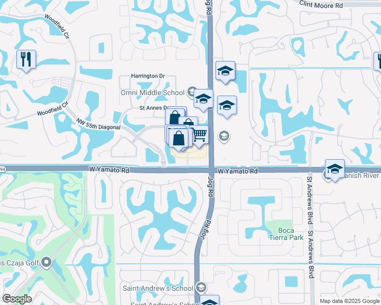 map of restaurants, bars, coffee shops, grocery stores, and more near Woodfield Plaza Drive in Boca Raton