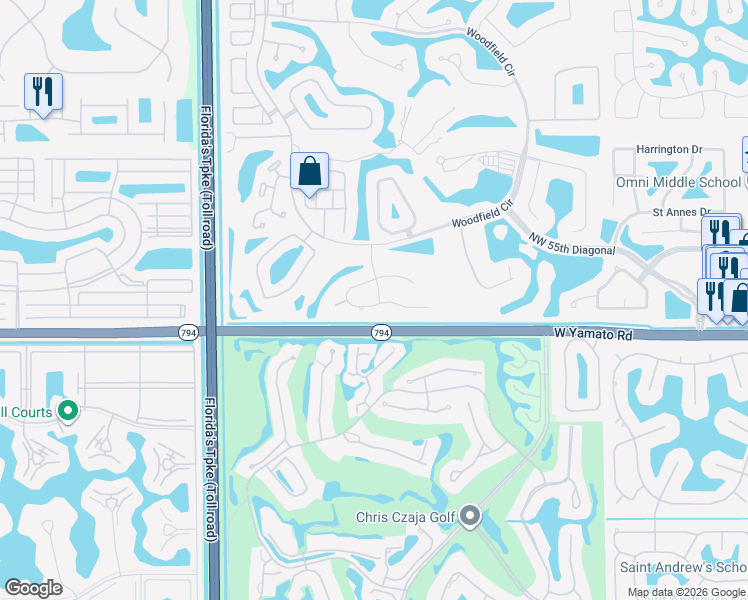 map of restaurants, bars, coffee shops, grocery stores, and more near 3949 Northwest 52nd Street in Boca Raton