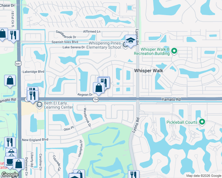 map of restaurants, bars, coffee shops, grocery stores, and more near 18999 Stewart Circle in Boca Raton