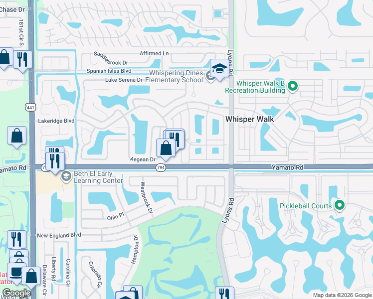 map of restaurants, bars, coffee shops, grocery stores, and more near 18999 Stewart Circle in Boca Raton