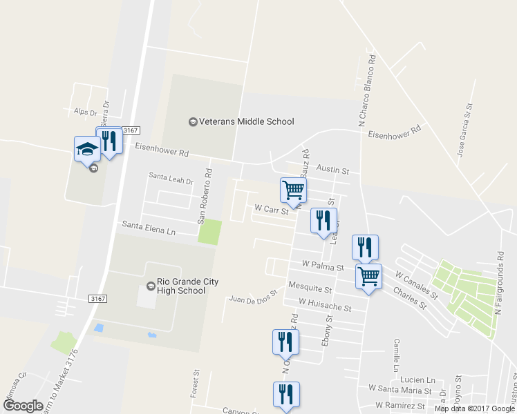 map of restaurants, bars, coffee shops, grocery stores, and more near 305 West Carr Street in Rio Grande City