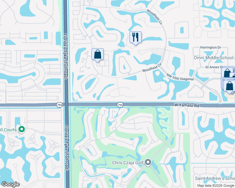 map of restaurants, bars, coffee shops, grocery stores, and more near 3949 Northwest 52nd Street in Boca Raton