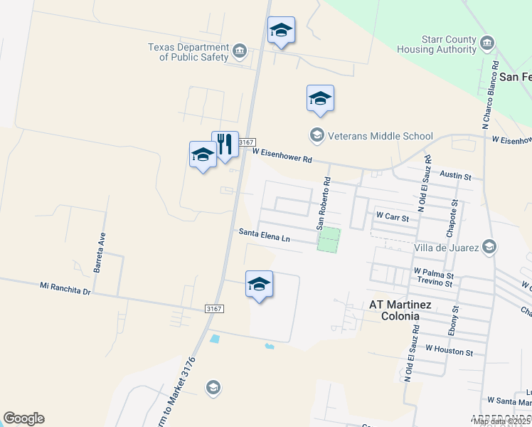 map of restaurants, bars, coffee shops, grocery stores, and more near 202 Santa Lucia Lane in Rio Grande City
