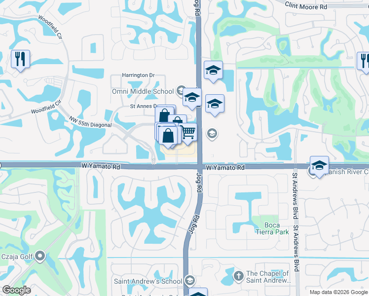map of restaurants, bars, coffee shops, grocery stores, and more near Woodfield Plaza Drive in Boca Raton