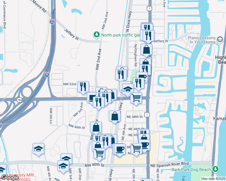 map of restaurants, bars, coffee shops, grocery stores, and more near 5340 Northwest 2nd Avenue in Boca Raton
