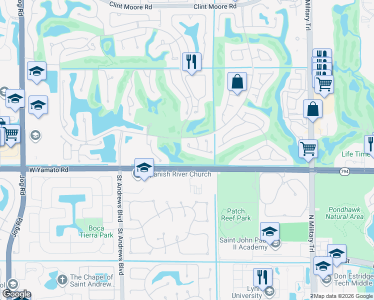 map of restaurants, bars, coffee shops, grocery stores, and more near 2420 Northwest 53rd Street in Boca Raton