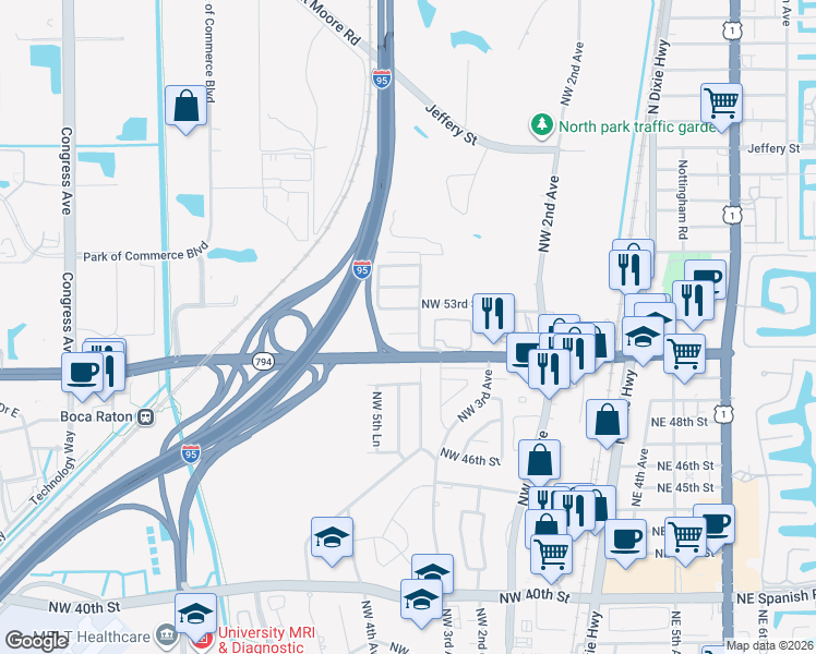 map of restaurants, bars, coffee shops, grocery stores, and more near 541 Northwest 52nd Street in Boca Raton