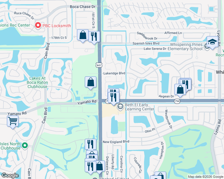 map of restaurants, bars, coffee shops, grocery stores, and more near 18997 Cloud Lake Circle in Boca Raton