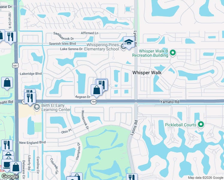 map of restaurants, bars, coffee shops, grocery stores, and more near 18999 Stewart Circle in Boca Raton