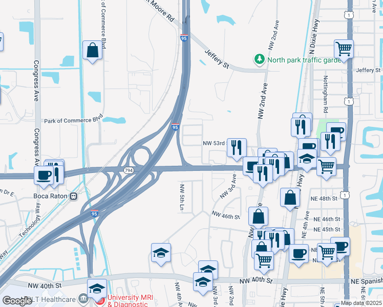 map of restaurants, bars, coffee shops, grocery stores, and more near 541 Northwest 52nd Street in Boca Raton