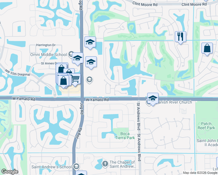 map of restaurants, bars, coffee shops, grocery stores, and more near 2598 Northwest 53rd Street in Boca Raton