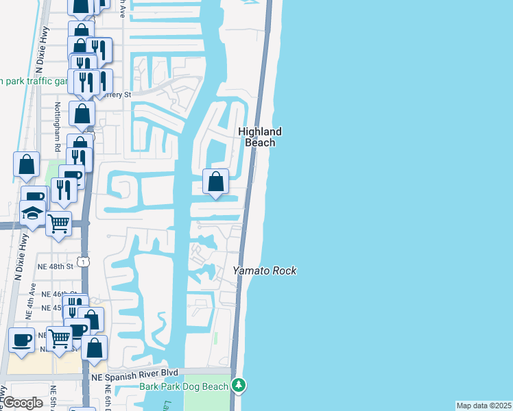 map of restaurants, bars, coffee shops, grocery stores, and more near 4511 South Ocean Boulevard in Highland Beach