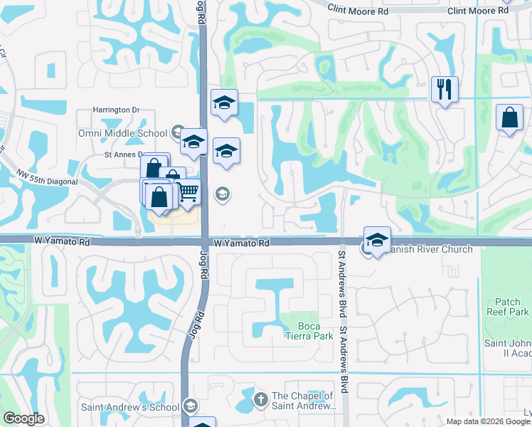 map of restaurants, bars, coffee shops, grocery stores, and more near 2598 Northwest 53rd Street in Boca Raton