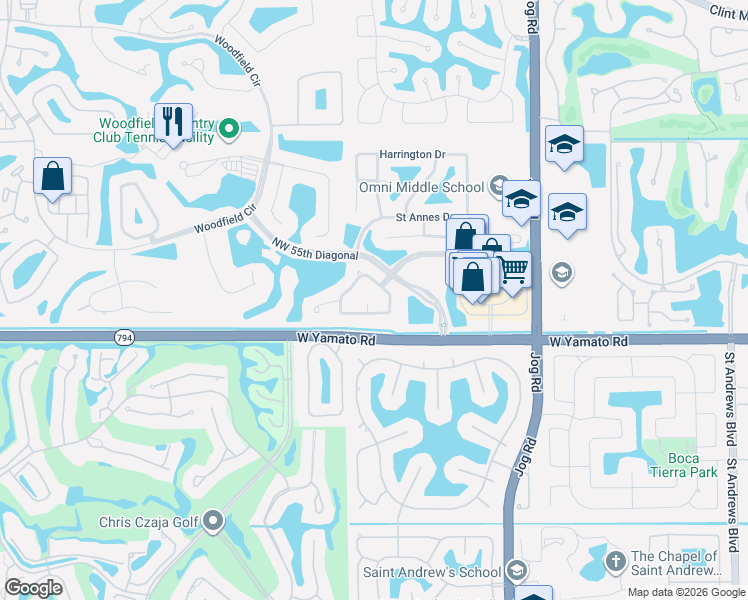 map of restaurants, bars, coffee shops, grocery stores, and more near 3297 Northwest 53rd Circle in Boca Raton