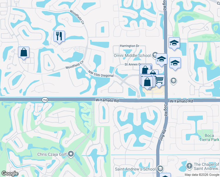 map of restaurants, bars, coffee shops, grocery stores, and more near 3347 Northwest 53rd Circle in Boca Raton