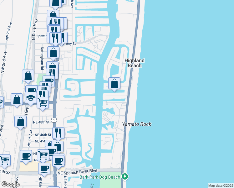 map of restaurants, bars, coffee shops, grocery stores, and more near 1040 Russell Drive in Highland Beach