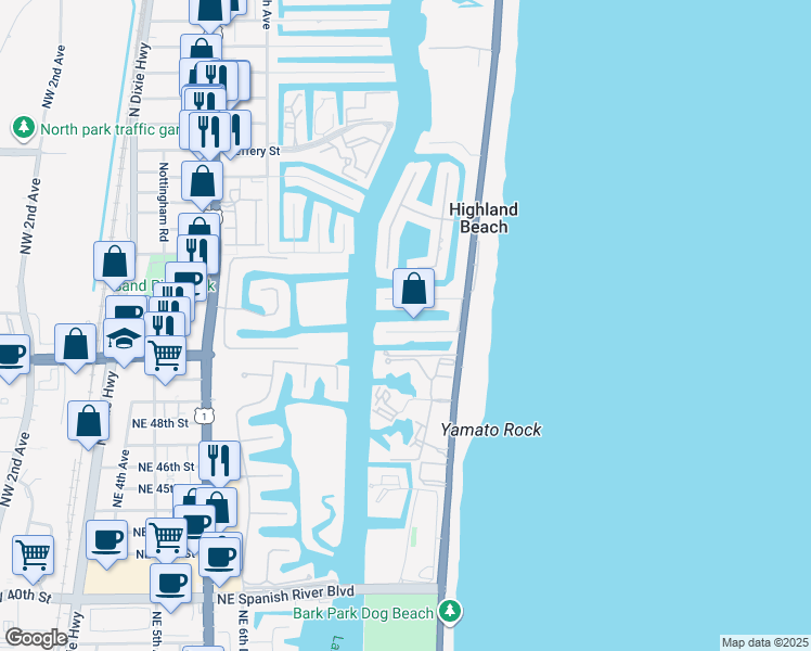 map of restaurants, bars, coffee shops, grocery stores, and more near 1040 Russell Drive in Highland Beach