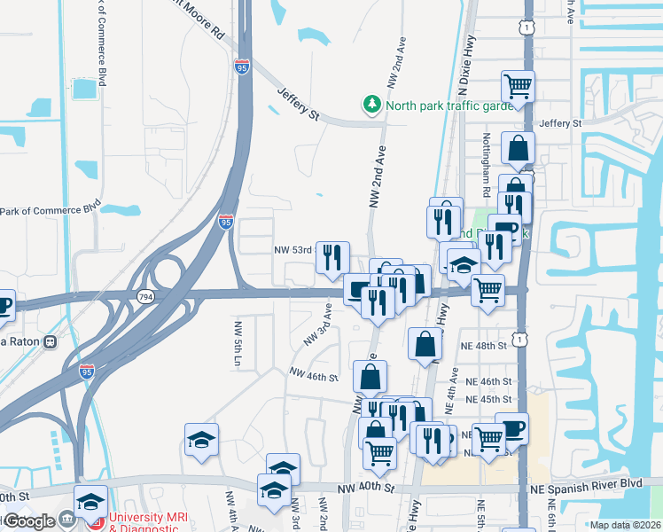map of restaurants, bars, coffee shops, grocery stores, and more near 375 Northwest 51st Street in Boca Raton