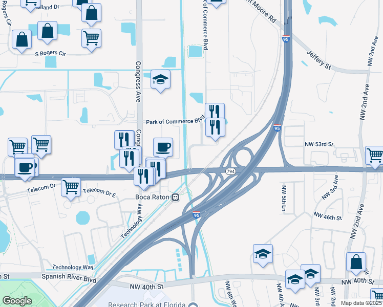 map of restaurants, bars, coffee shops, grocery stores, and more near El Rio Trail in Highland Beach