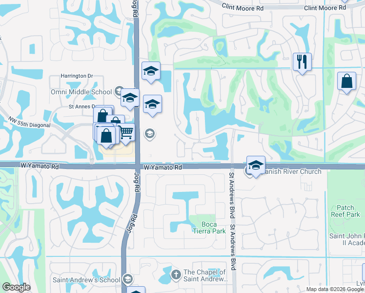 map of restaurants, bars, coffee shops, grocery stores, and more near 2598 Northwest 53rd Street in Boca Raton