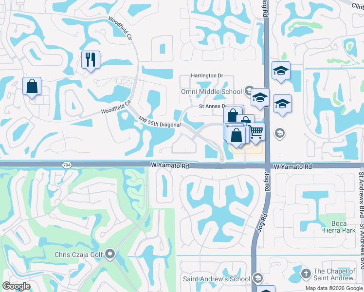 map of restaurants, bars, coffee shops, grocery stores, and more near 3347 Northwest 53rd Circle in Boca Raton