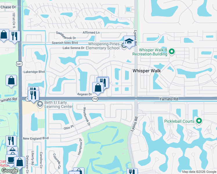 map of restaurants, bars, coffee shops, grocery stores, and more near 18999 Stewart Circle in Boca Raton