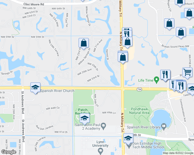 map of restaurants, bars, coffee shops, grocery stores, and more near 5272 Northwest 22nd Avenue in Boca Raton