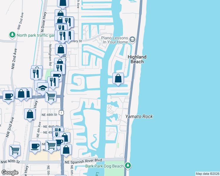 map of restaurants, bars, coffee shops, grocery stores, and more near 1005 Russell Drive in Highland Beach