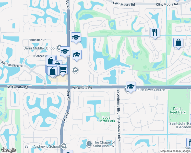 map of restaurants, bars, coffee shops, grocery stores, and more near 2598 Northwest 53rd Street in Boca Raton