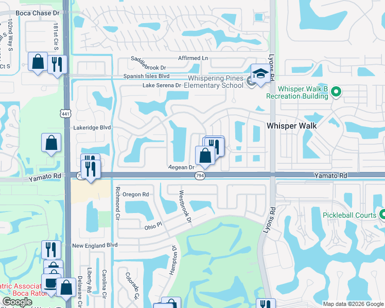 map of restaurants, bars, coffee shops, grocery stores, and more near 18932 La Costa Lane in Boca Raton