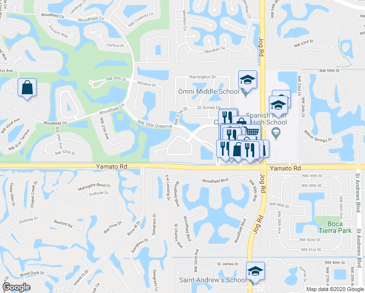 map of restaurants, bars, coffee shops, grocery stores, and more near 3329 Northwest 53rd Circle in Boca Raton