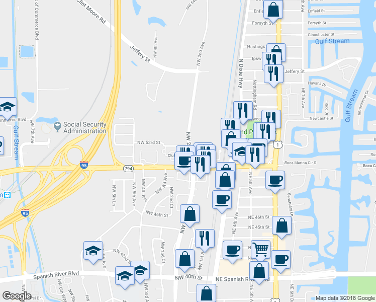 map of restaurants, bars, coffee shops, grocery stores, and more near 5104 Northwest 2nd Avenue in Boca Raton