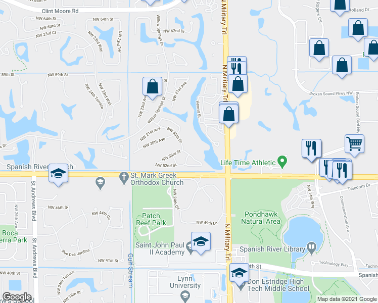map of restaurants, bars, coffee shops, grocery stores, and more near 2063 Northwest 53rd Street in Boca Raton