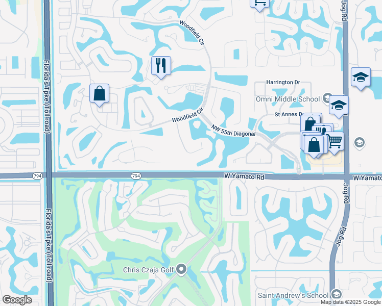 map of restaurants, bars, coffee shops, grocery stores, and more near 3656 Princeton Place in Boca Raton