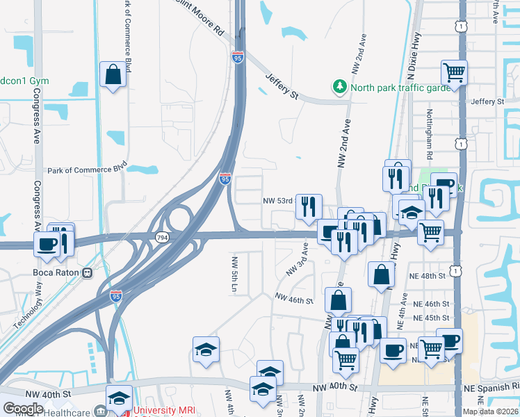 map of restaurants, bars, coffee shops, grocery stores, and more near 541 Northwest 52nd Street in Boca Raton