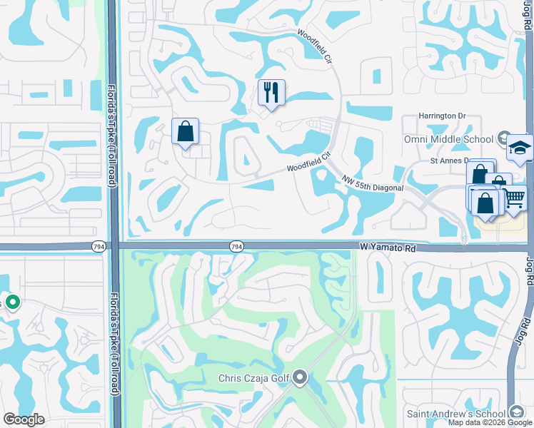 map of restaurants, bars, coffee shops, grocery stores, and more near 3710 Northwest 53rd Street in Boca Raton