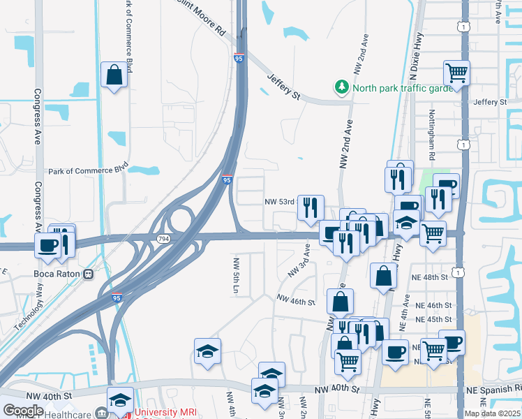 map of restaurants, bars, coffee shops, grocery stores, and more near 541 Northwest 52nd Street in Boca Raton
