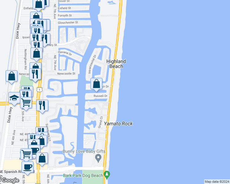 map of restaurants, bars, coffee shops, grocery stores, and more near 4511 South Ocean Boulevard in Highland Beach