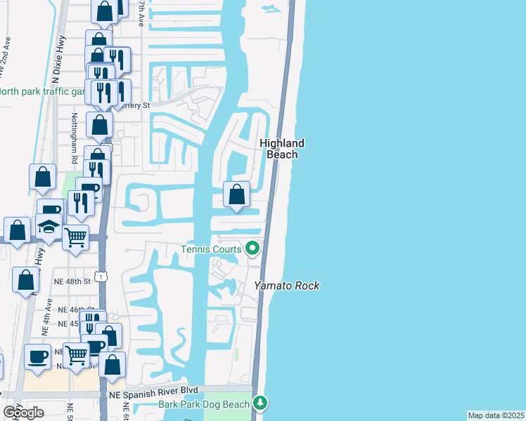 map of restaurants, bars, coffee shops, grocery stores, and more near 1130 Russell Drive in Highland Beach