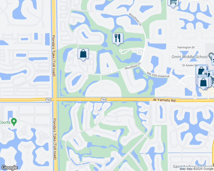 map of restaurants, bars, coffee shops, grocery stores, and more near 3850 Northwest 53rd Street in Boca Raton