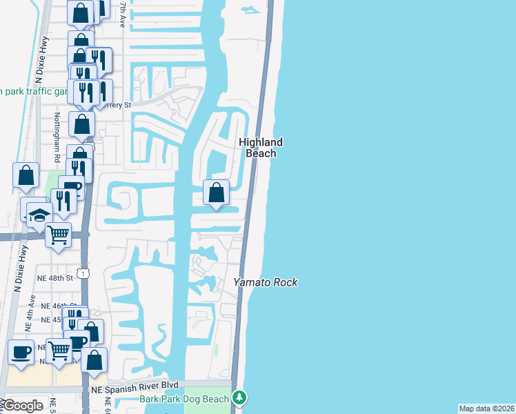 map of restaurants, bars, coffee shops, grocery stores, and more near 4511 South Ocean Boulevard in Highland Beach