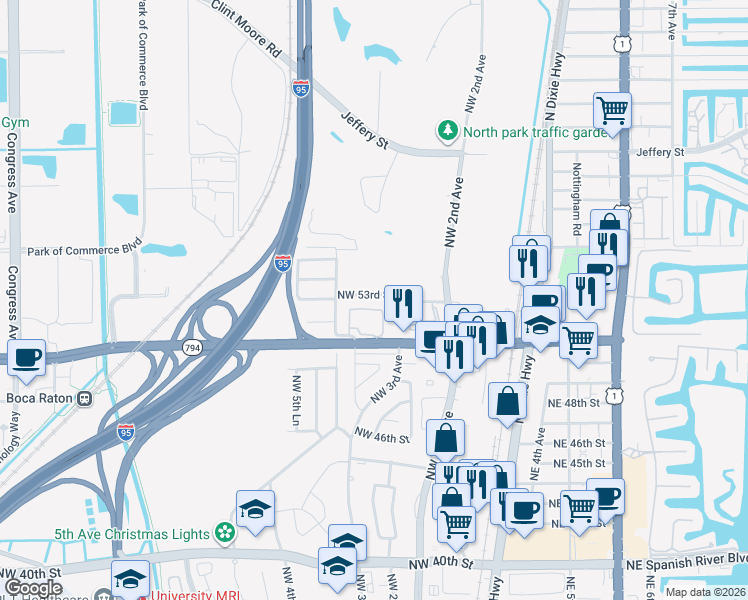 map of restaurants, bars, coffee shops, grocery stores, and more near 375 Northwest 51st Street in Boca Raton