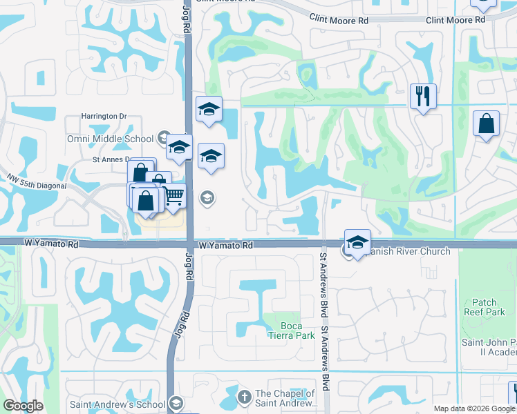 map of restaurants, bars, coffee shops, grocery stores, and more near 2598 Northwest 53rd Street in Boca Raton