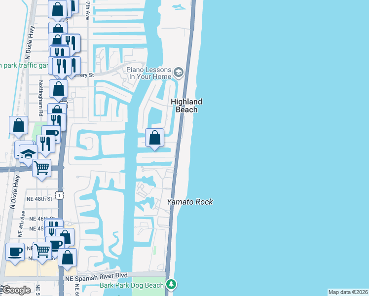 map of restaurants, bars, coffee shops, grocery stores, and more near 4511 South Ocean Boulevard in Highland Beach