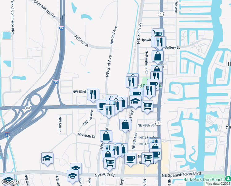 map of restaurants, bars, coffee shops, grocery stores, and more near 5280 Northwest 2nd Avenue in Boca Raton