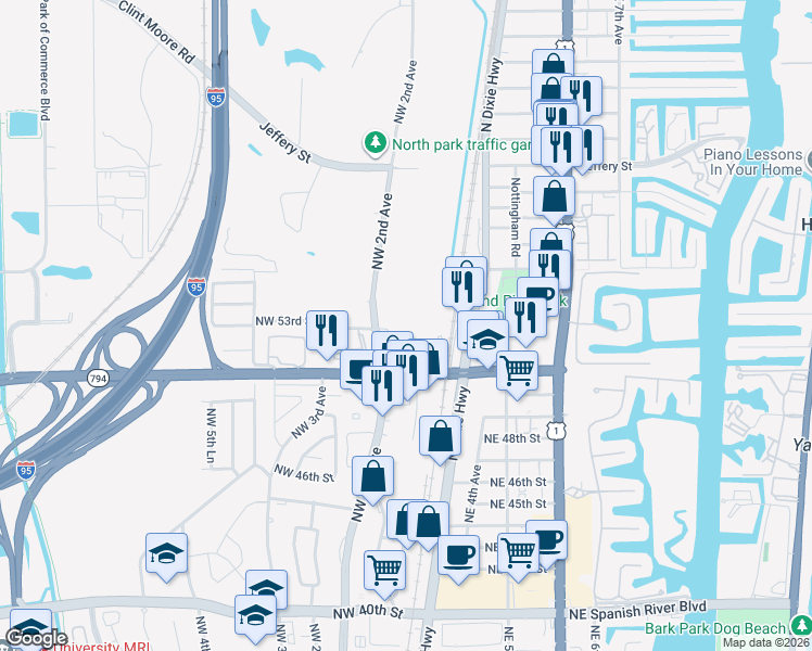 map of restaurants, bars, coffee shops, grocery stores, and more near 5280 Northwest 2nd Avenue in Boca Raton